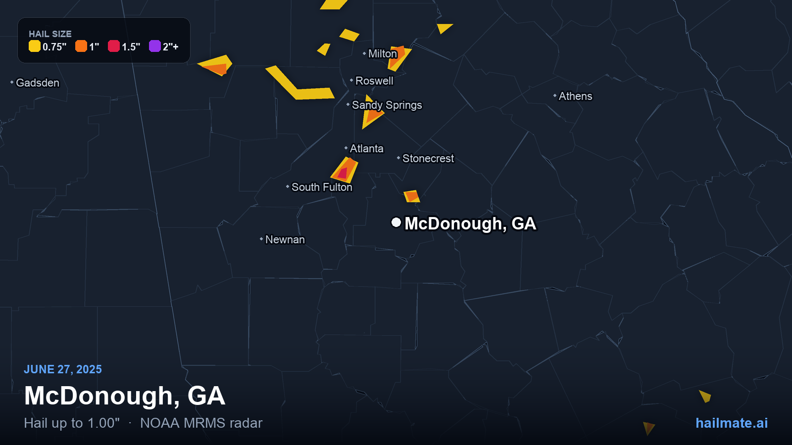 Hail swath map for McDonough, GA on June 27, 2025 showing 1.00 inch hail.