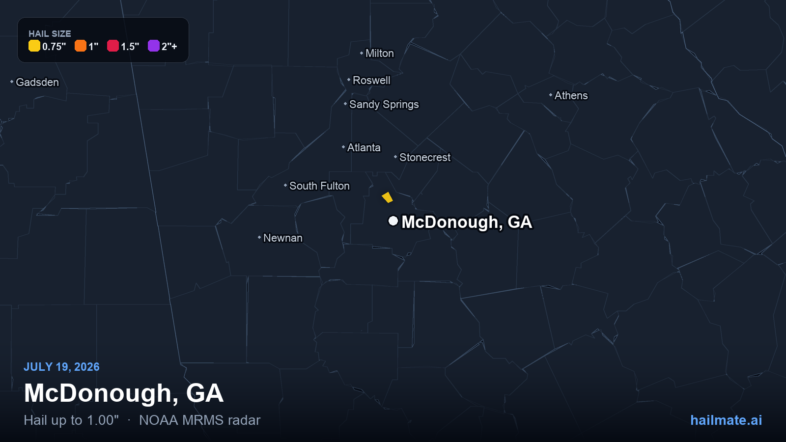 Hail swath map for McDonough, GA on July 19, 2026 showing 1.00 inch hail.