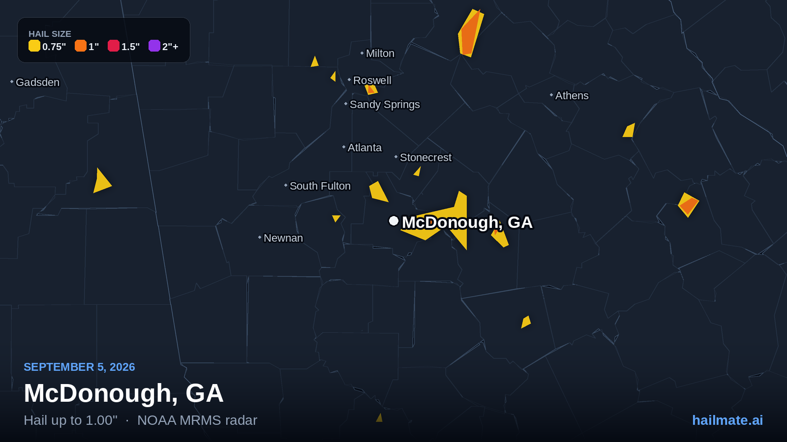 Hail swath map for McDonough, GA on September 5, 2026 showing 1.00 inch hail.