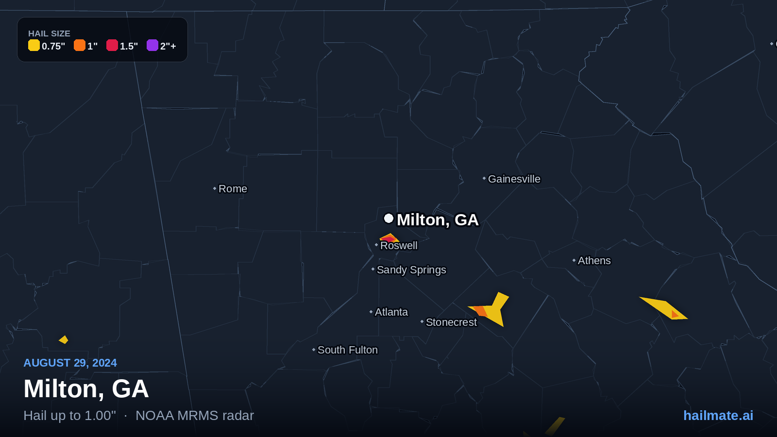 Hail swath map for Milton, GA on August 29, 2024 showing 1.00 inch hail.