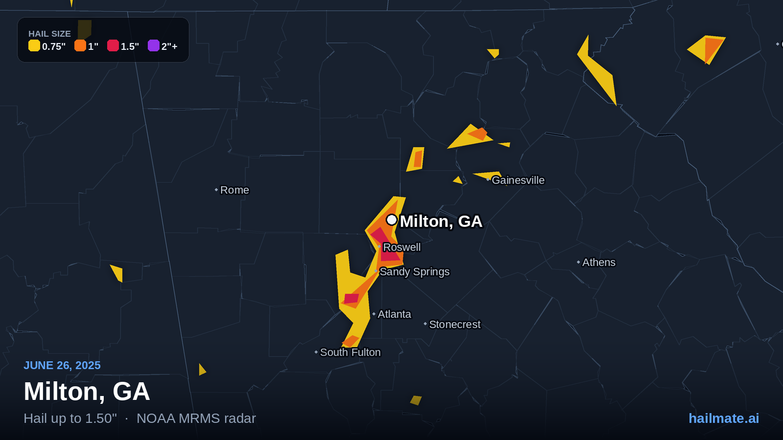 Hail swath map for Milton, GA on June 26, 2025 showing 1.50 inch hail.