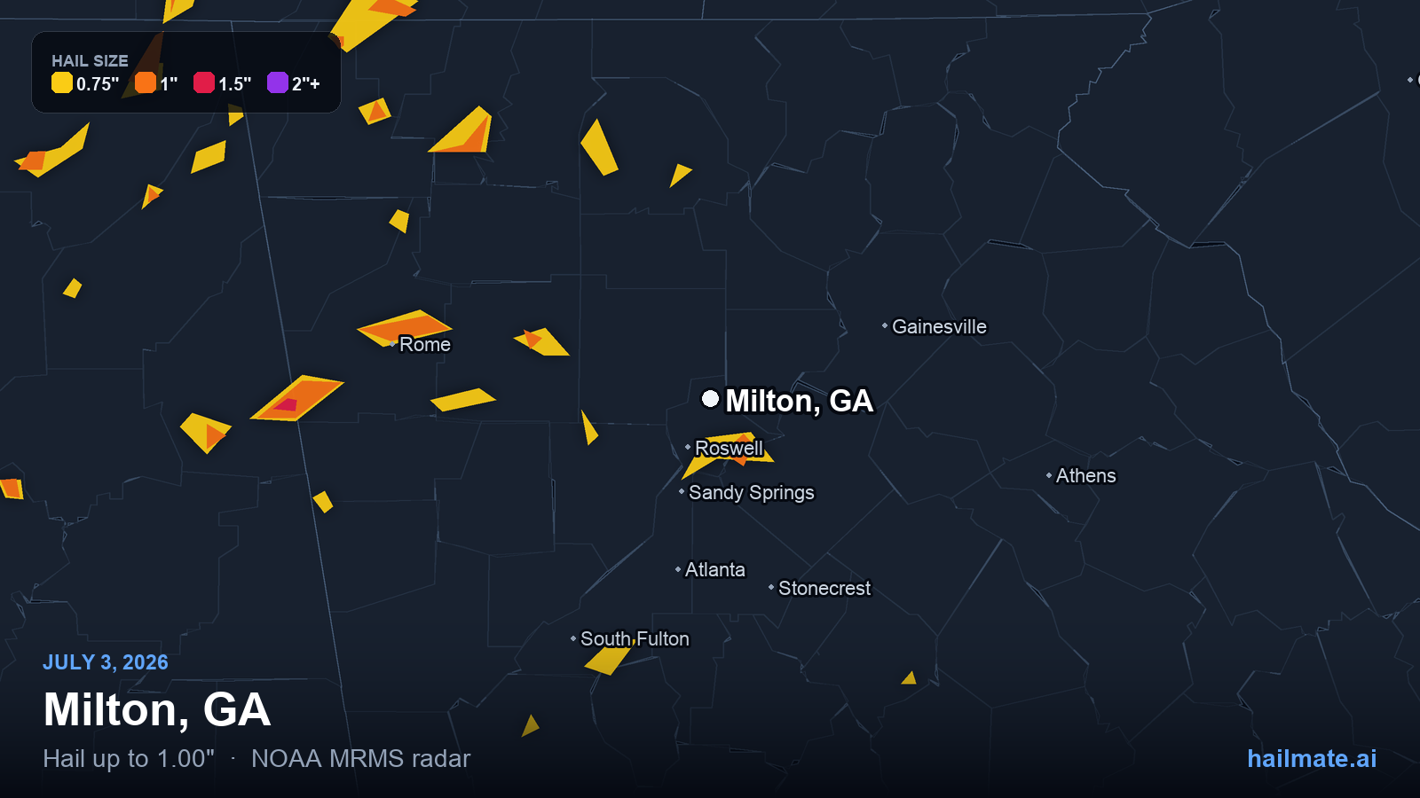 Hail swath map for Milton, GA on July 3, 2026 showing 1.00 inch hail.