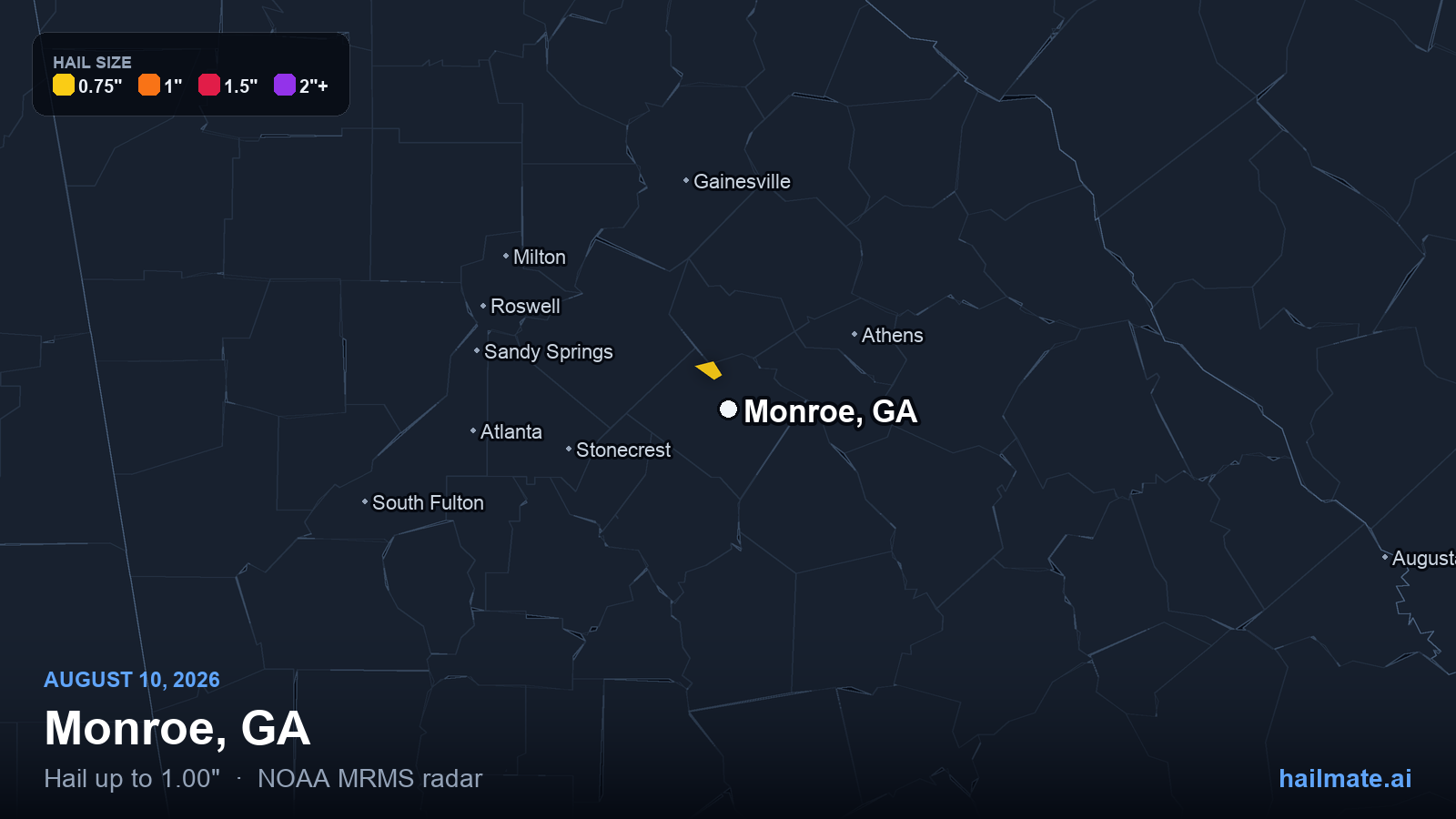 Hail swath map for Monroe, GA on August 10, 2026 showing 1.00 inch hail.