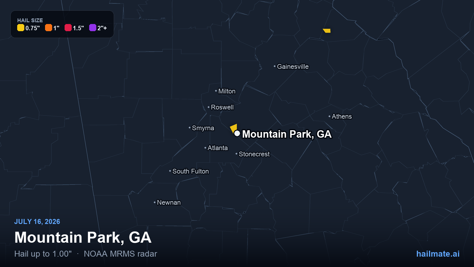 Hail swath map for Mountain Park, GA on July 16, 2026 showing 1.00 inch hail.