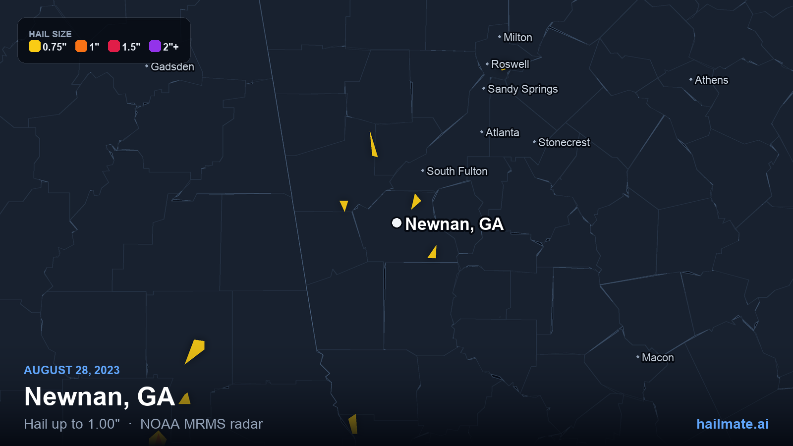 Hail swath map for Newnan, GA on August 28, 2023 showing 1.00 inch hail.