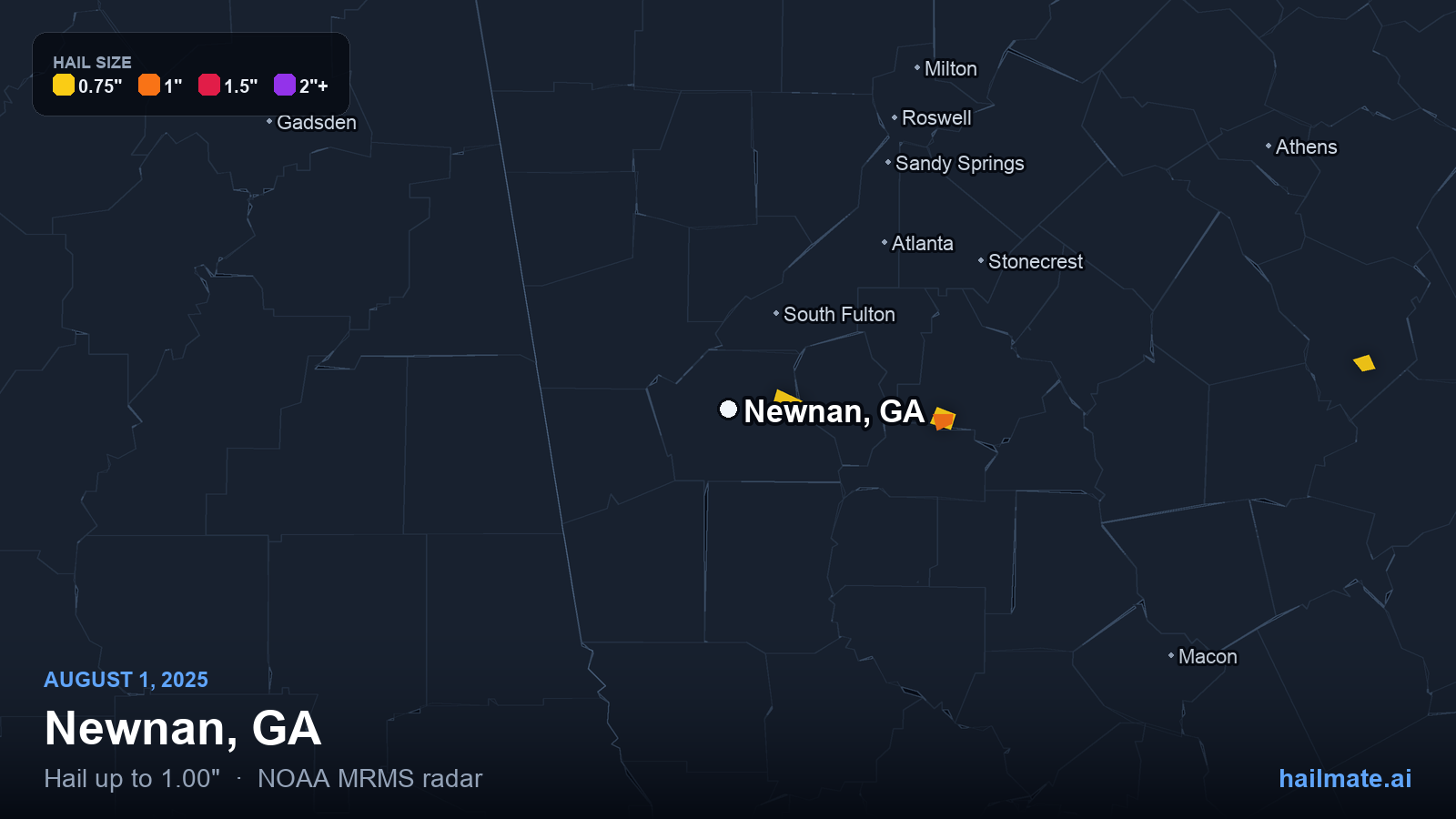 Hail swath map for Newnan, GA on August 1, 2025 showing 1.00 inch hail.
