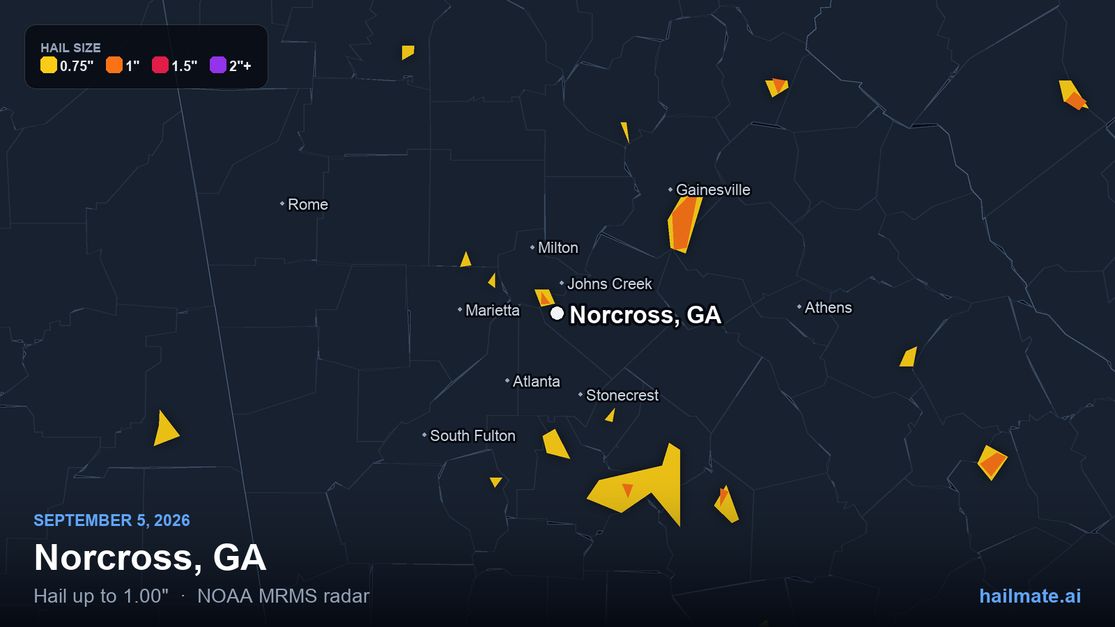 Hail swath map for Norcross, GA on September 5, 2026 showing 1.00 inch hail.