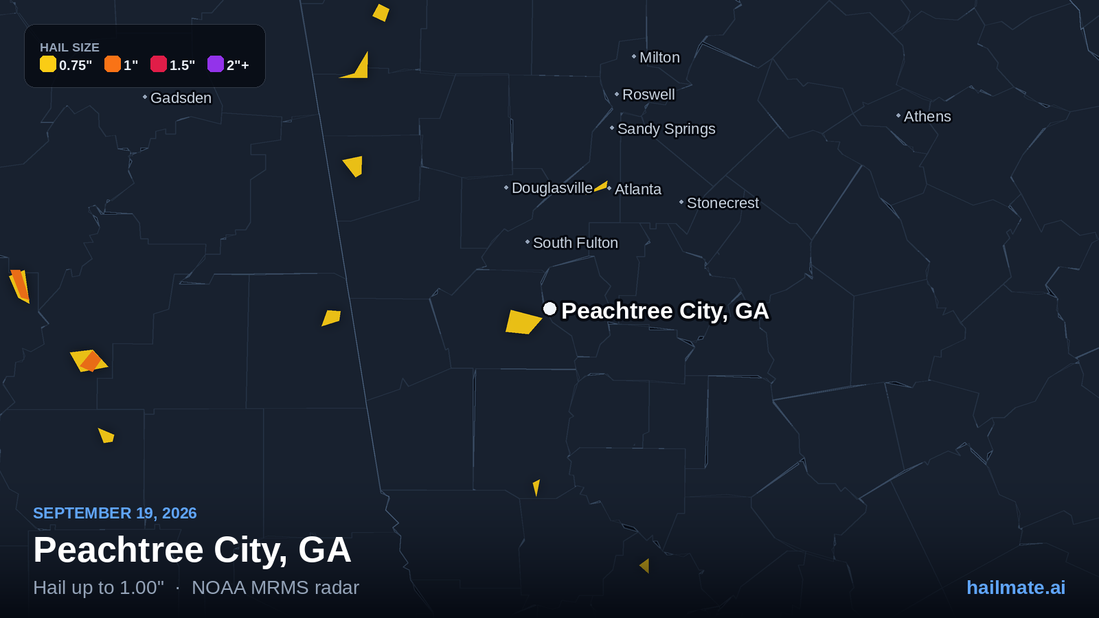 Hail swath map for Peachtree City, GA on September 19, 2026 showing 1.00 inch hail.