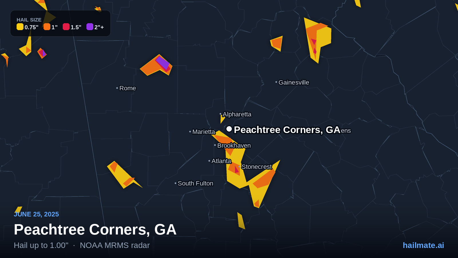 Hail swath map for Peachtree Corners, GA on June 25, 2025 showing 1.00 inch hail.