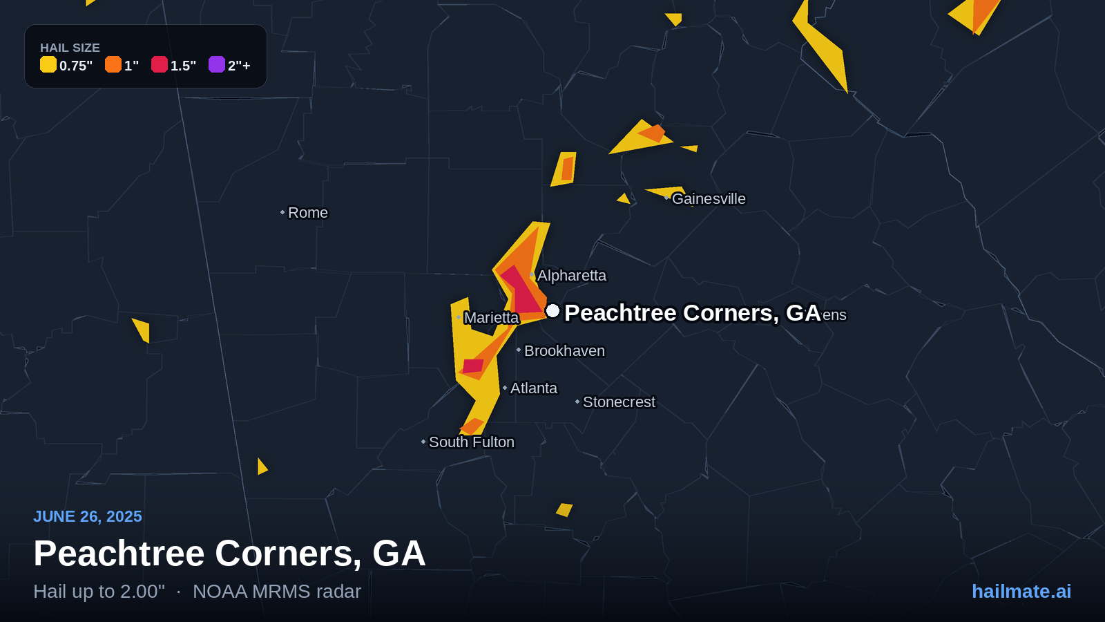 Hail swath map for Peachtree Corners, GA on June 26, 2025 showing 2.00 inch hail.