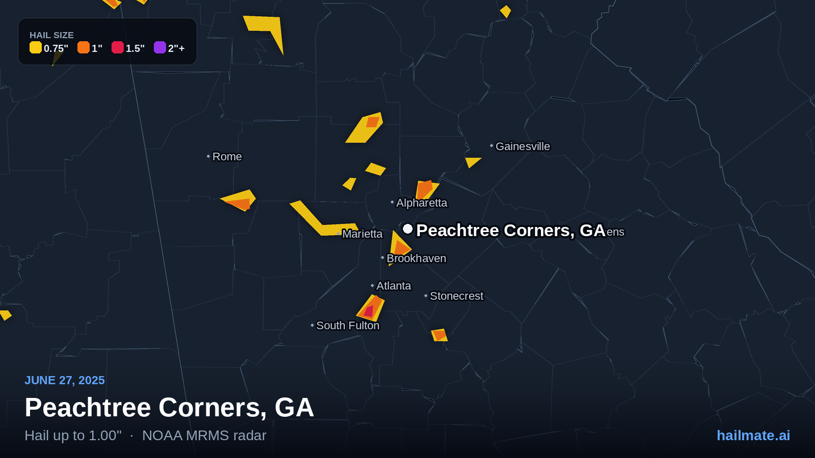 Hail swath map for Peachtree Corners, GA on June 27, 2025 showing 1.00 inch hail.