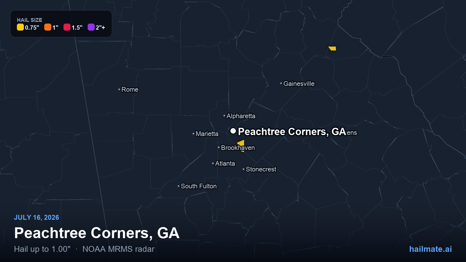 Hail swath map for Peachtree Corners, GA on July 16, 2026 showing 1.00 inch hail.