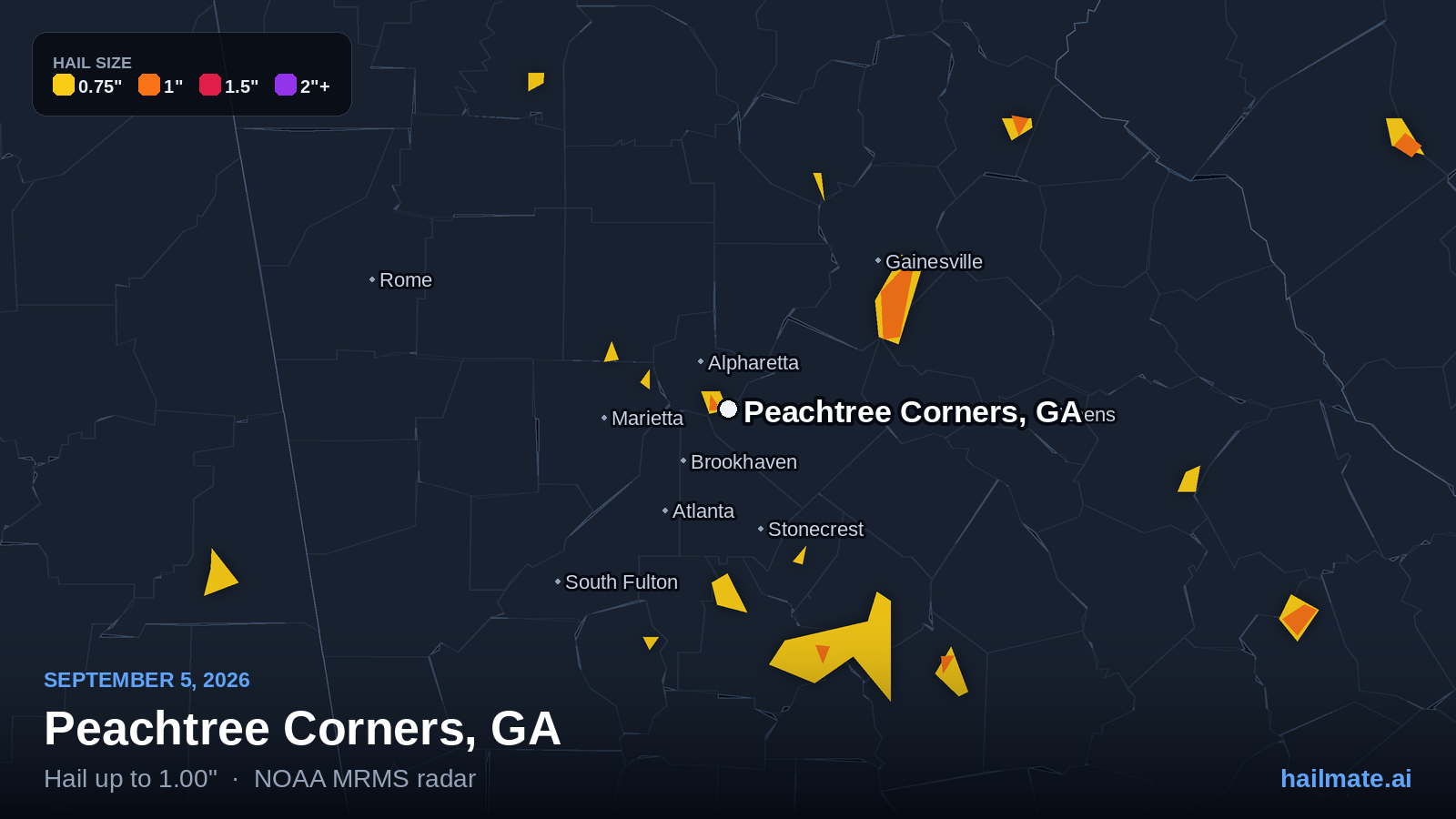 Hail swath map for Peachtree Corners, GA on September 5, 2026 showing 1.00 inch hail.
