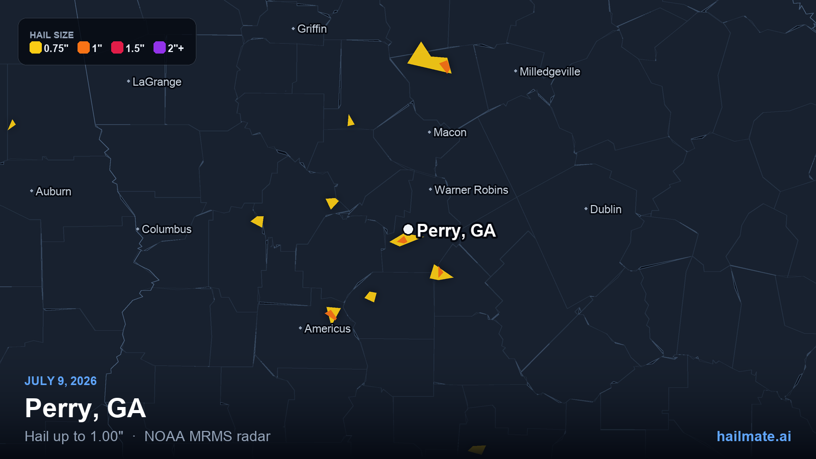 Hail swath map for Perry, GA on July 9, 2026 showing 1.00 inch hail.