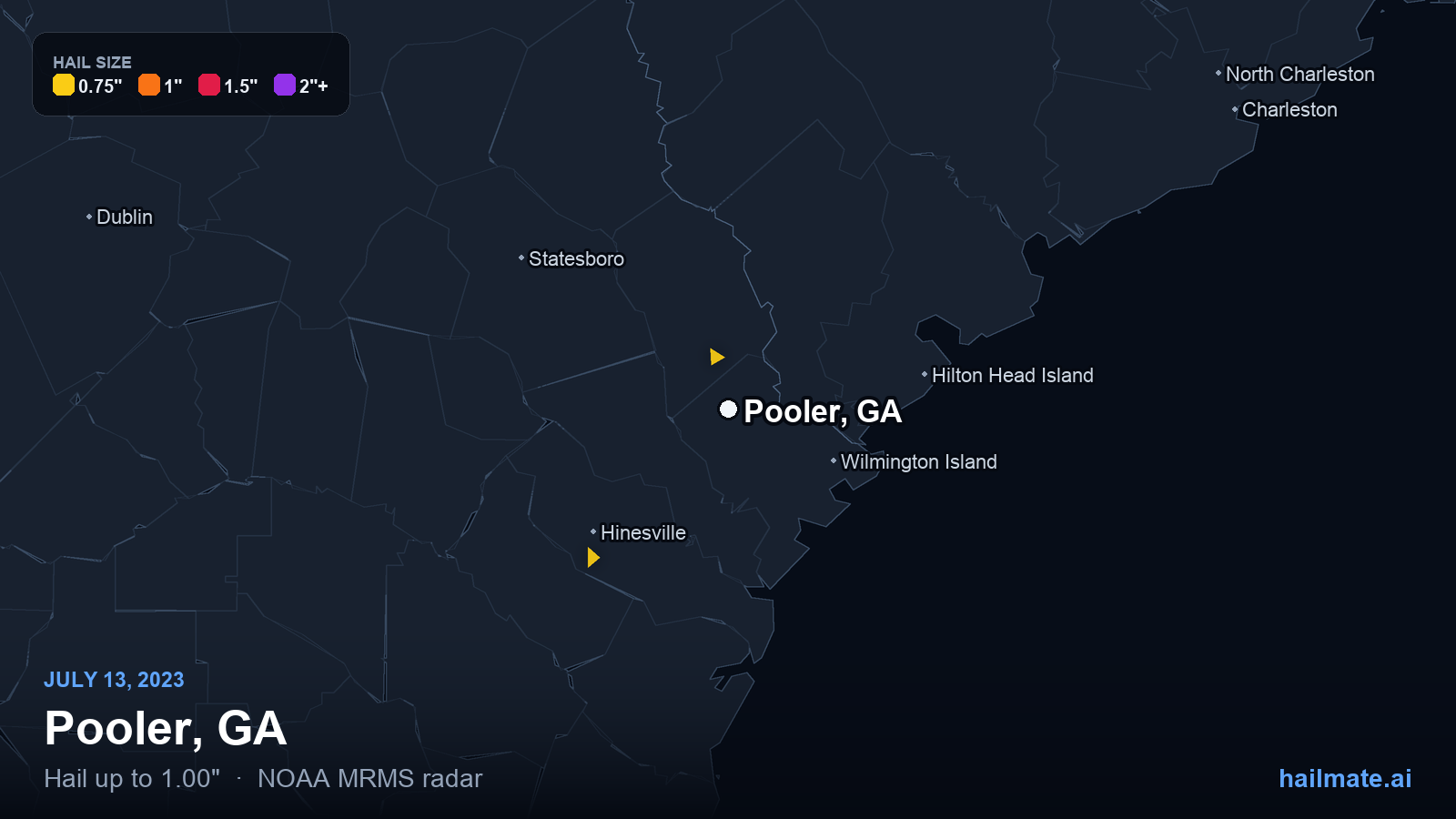 Hail swath map for Pooler, GA on July 13, 2023 showing 1.00 inch hail.