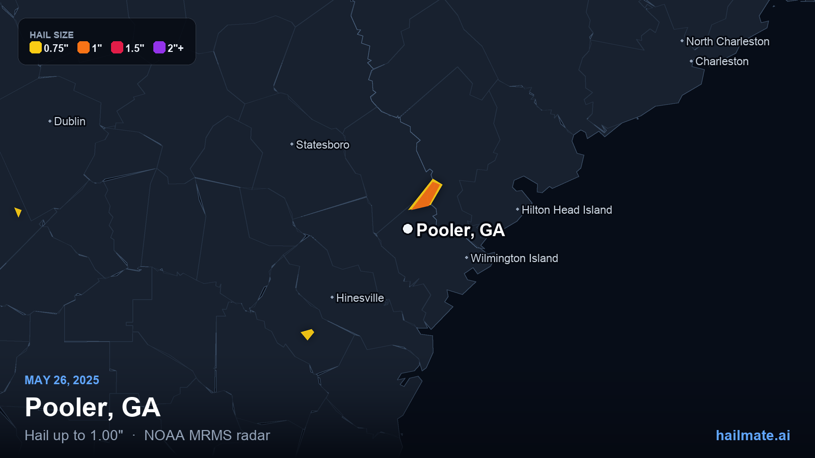Hail swath map for Pooler, GA on May 26, 2025 showing 1.00 inch hail.