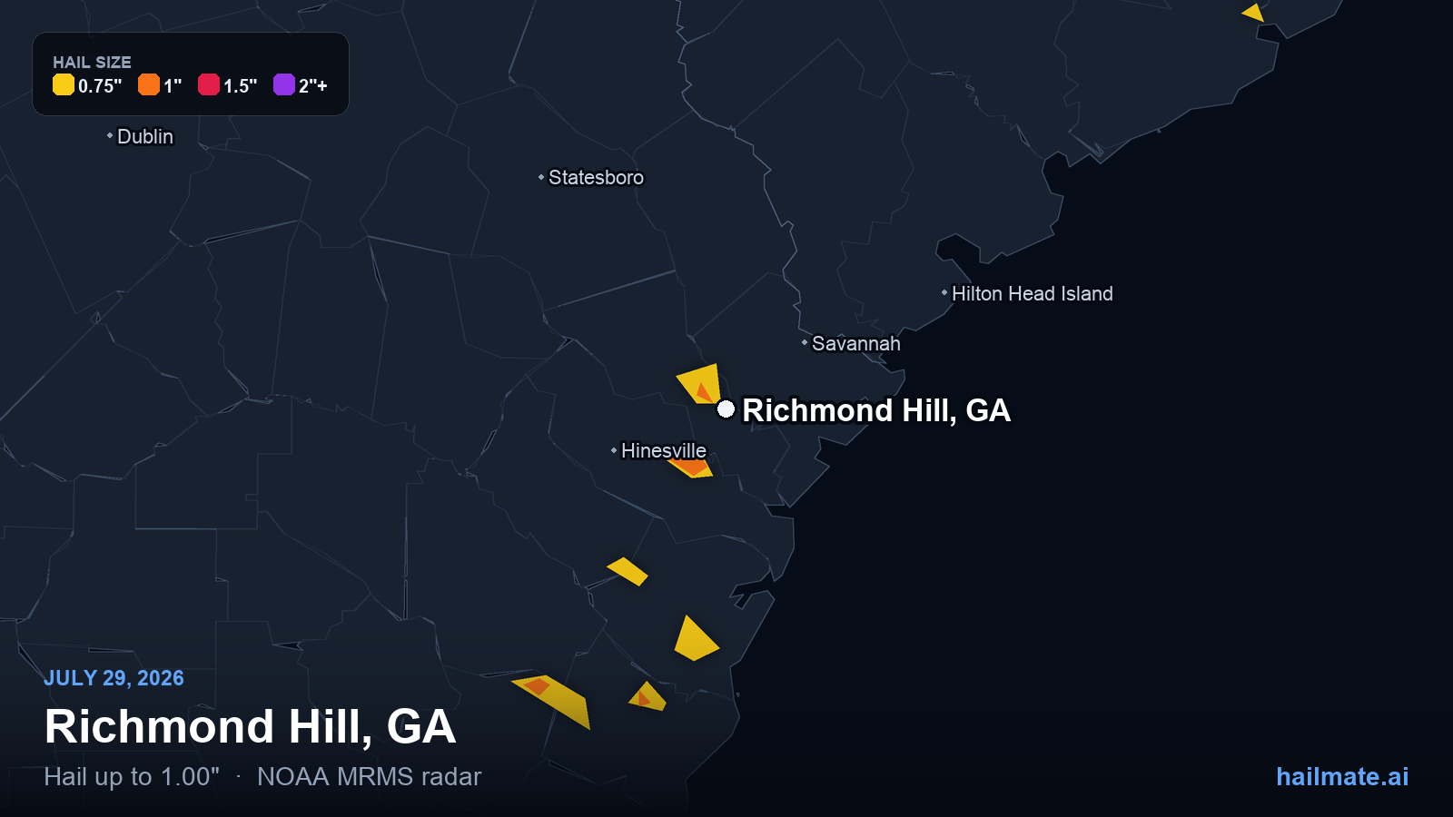 Hail swath map for Richmond Hill, GA on July 29, 2026 showing 1.00 inch hail.