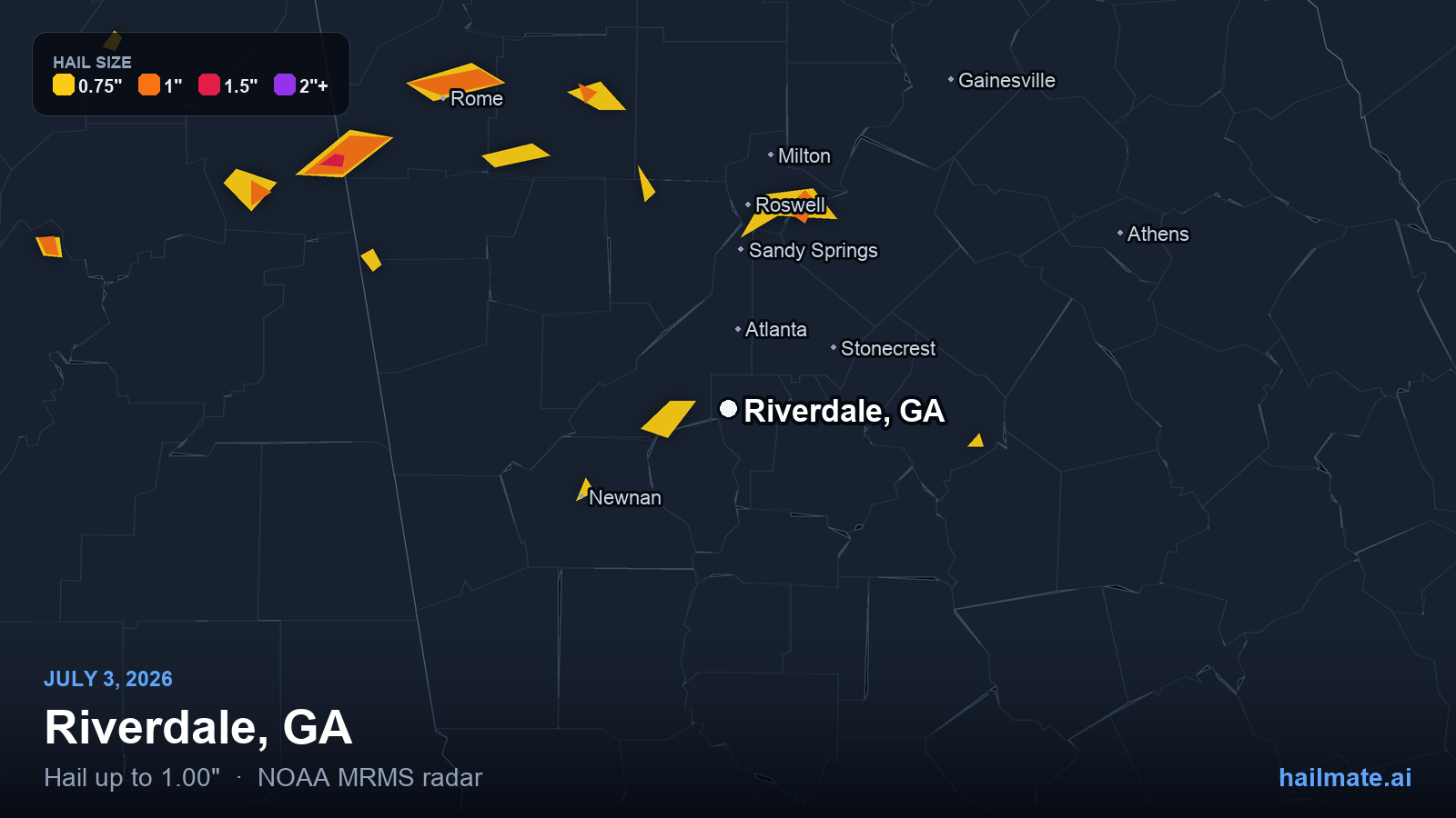 Hail swath map for Riverdale, GA on July 3, 2026 showing 1.00 inch hail.