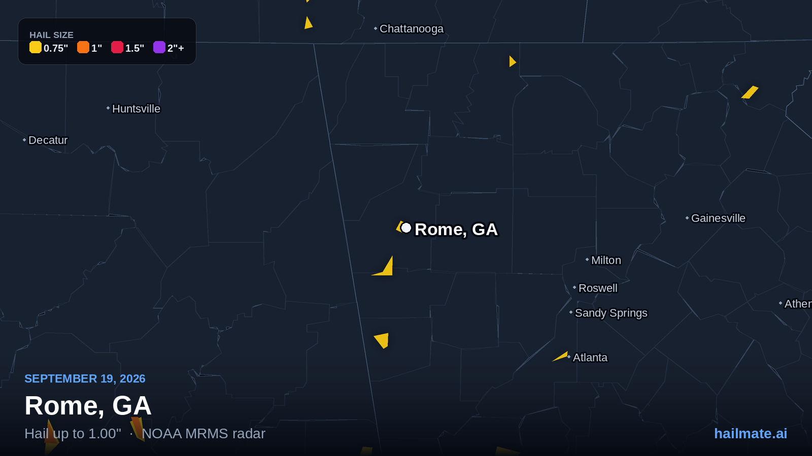 Hail swath map for Rome, GA on September 19, 2026 showing 1.00 inch hail.