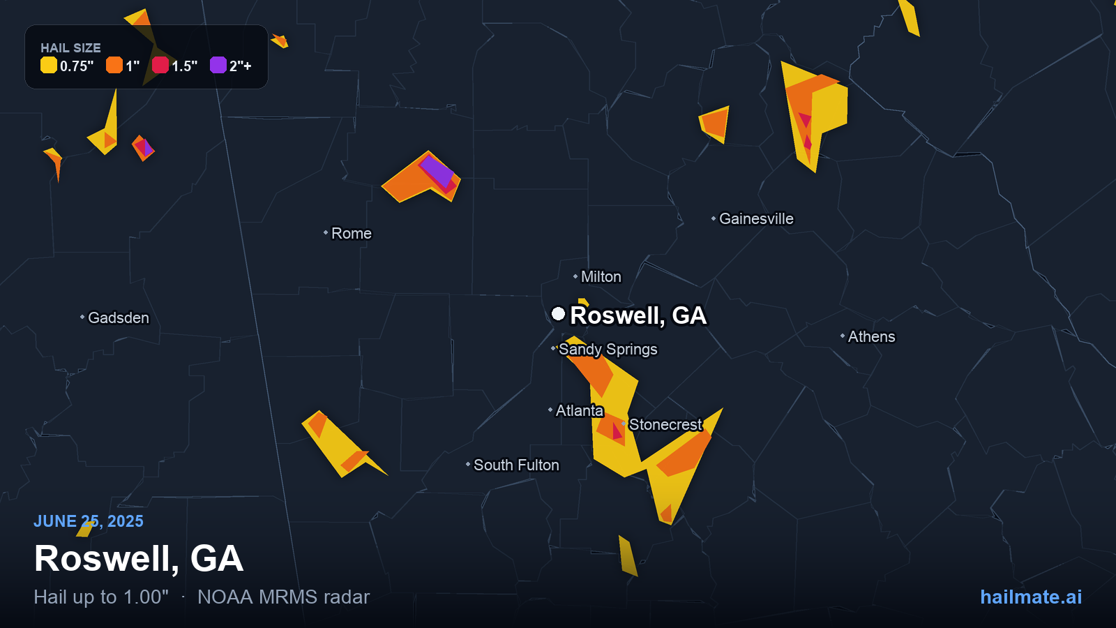 Hail swath map for Roswell, GA on June 25, 2025 showing 1.00 inch hail.