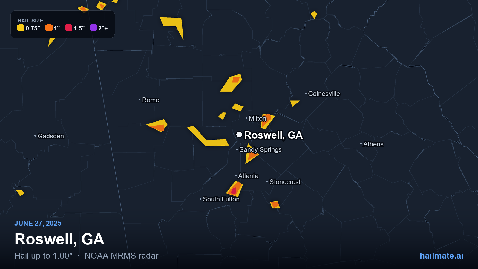 Hail swath map for Roswell, GA on June 27, 2025 showing 1.00 inch hail.