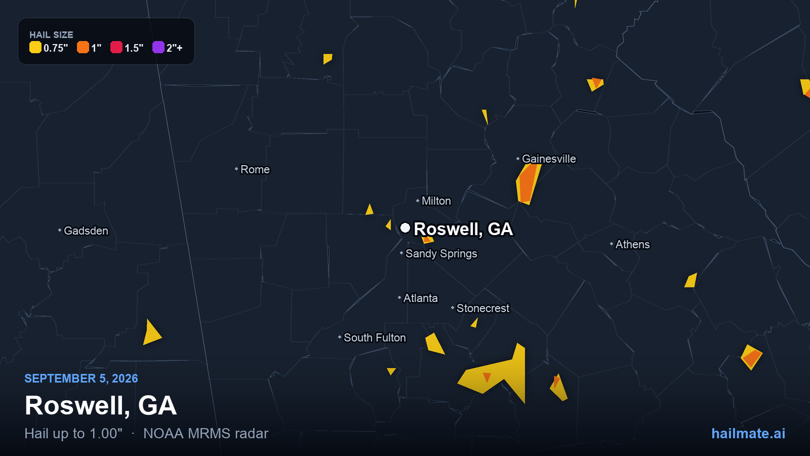 Hail swath map for Roswell, GA on September 5, 2026 showing 1.00 inch hail.