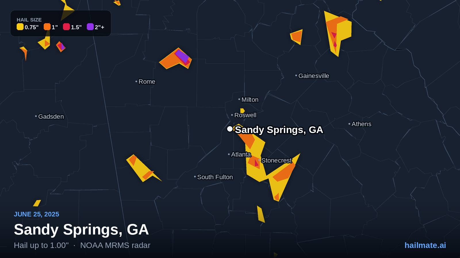 Hail swath map for Sandy Springs, GA on June 25, 2025 showing 1.00 inch hail.