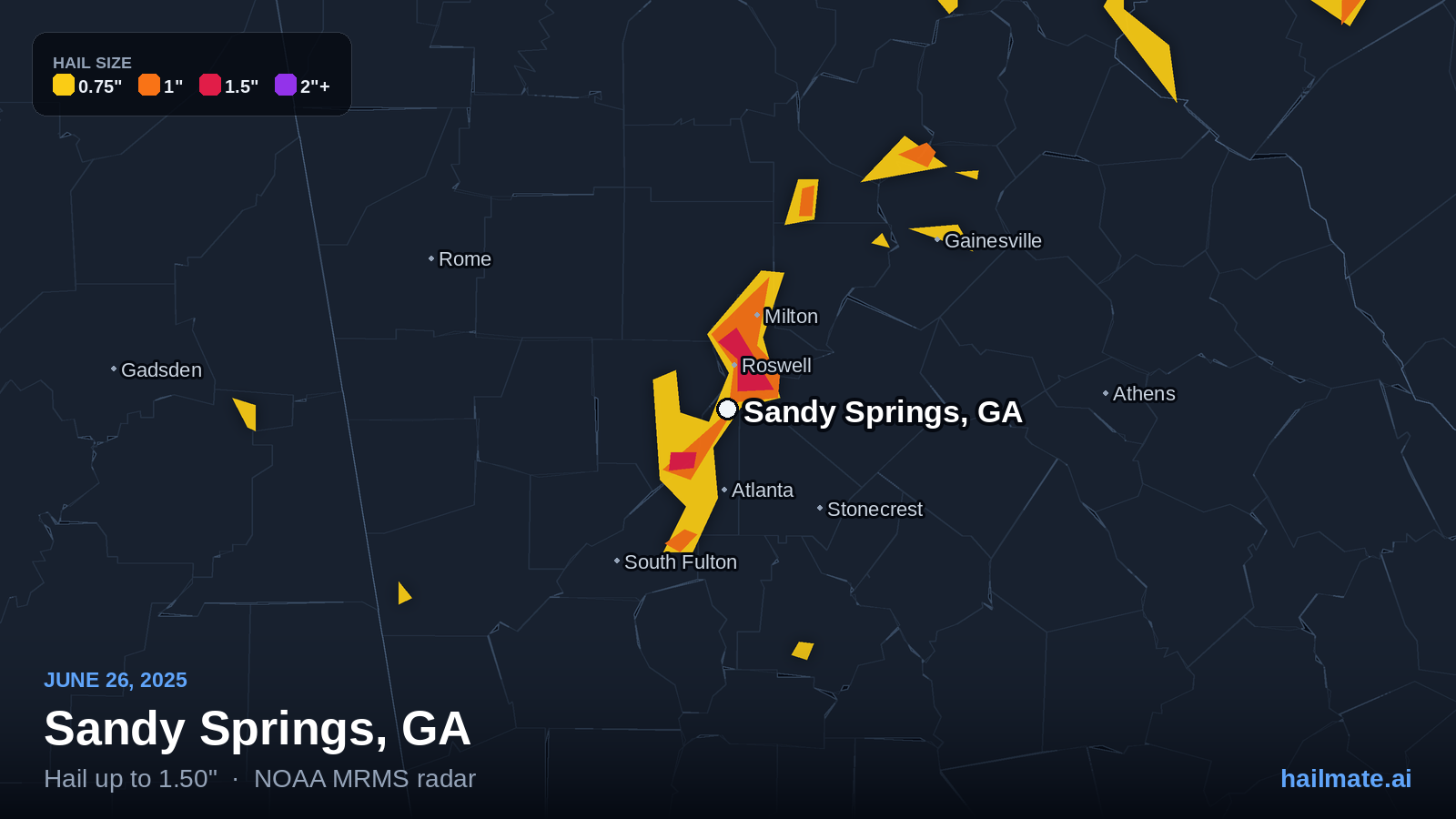 Hail swath map for Sandy Springs, GA on June 26, 2025 showing 1.50 inch hail.