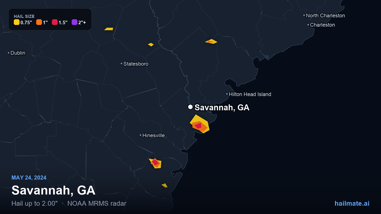 Hail swath map for Savannah, GA on May 24, 2024 showing 2.00 inch hail.