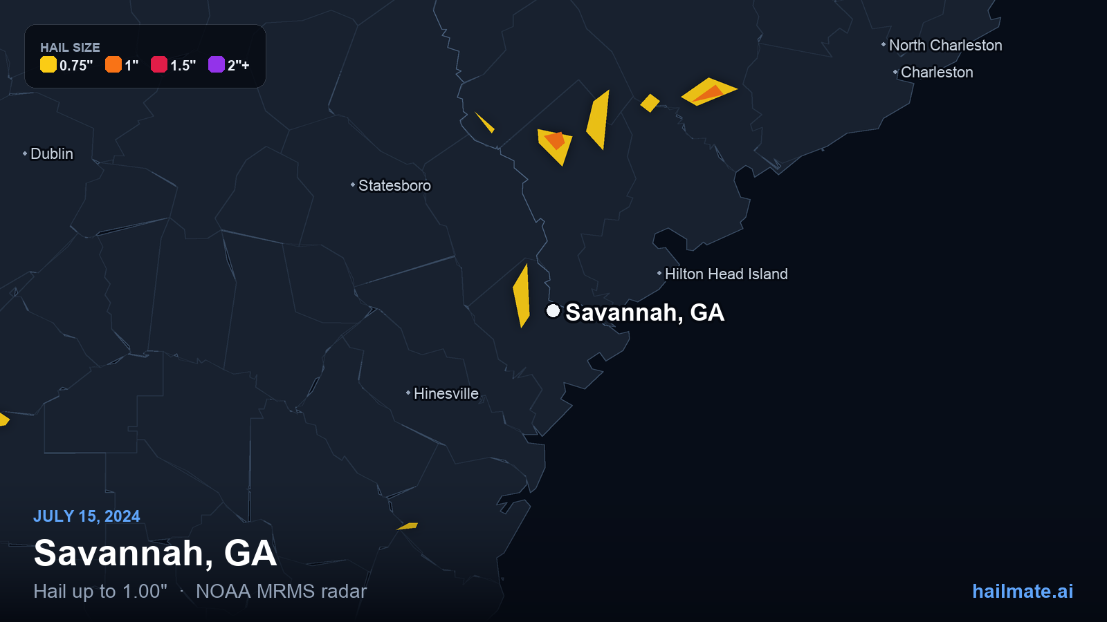 Hail swath map for Savannah, GA on July 15, 2024 showing 1.00 inch hail.
