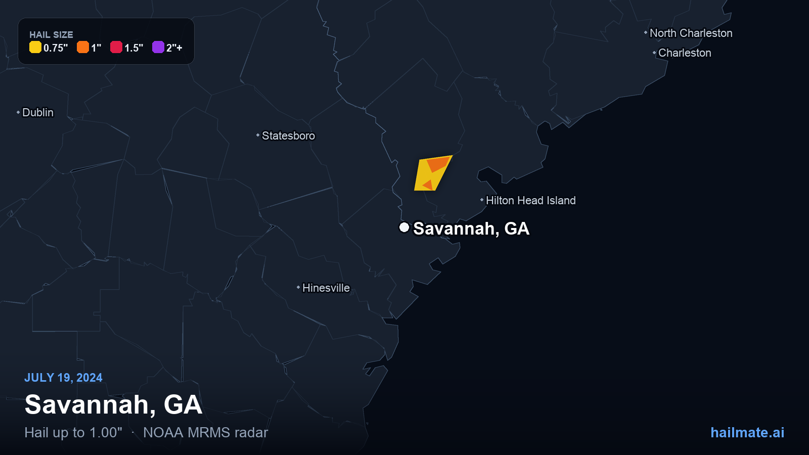 Hail swath map for Savannah, GA on July 19, 2024 showing 1.00 inch hail.