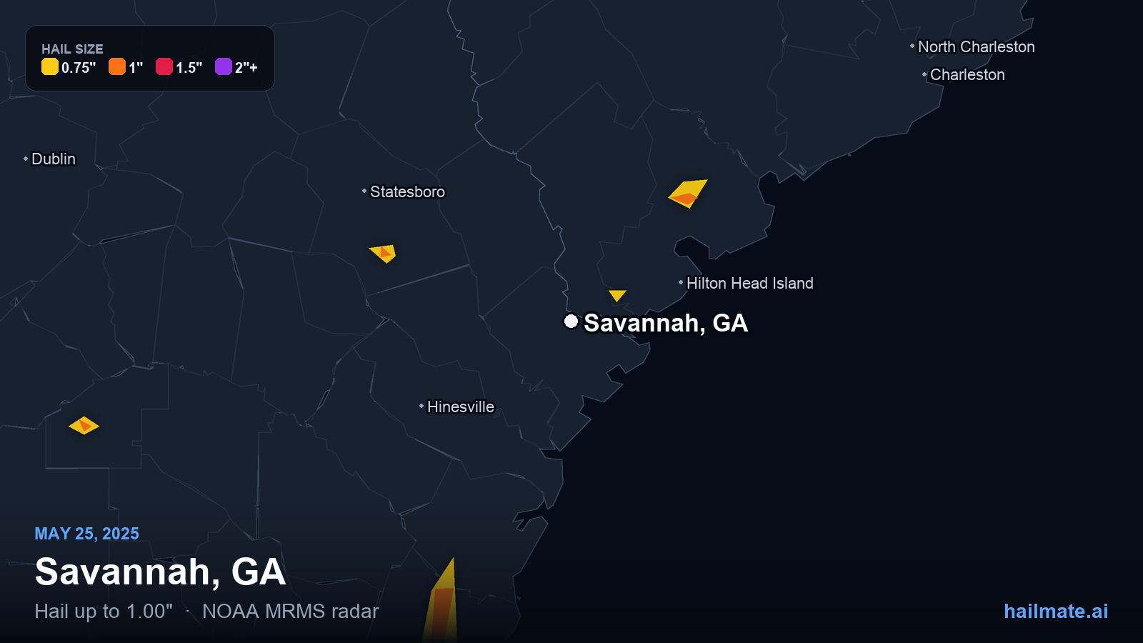 Hail swath map for Savannah, GA on May 25, 2025 showing 1.00 inch hail.