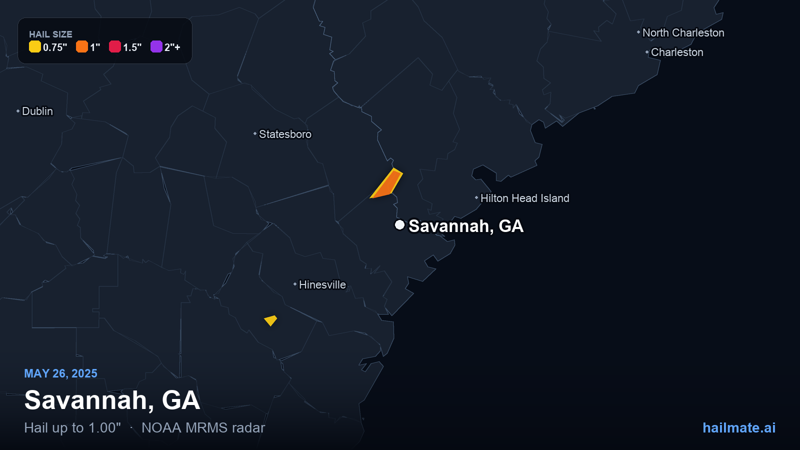 Hail swath map for Savannah, GA on May 26, 2025 showing 1.00 inch hail.