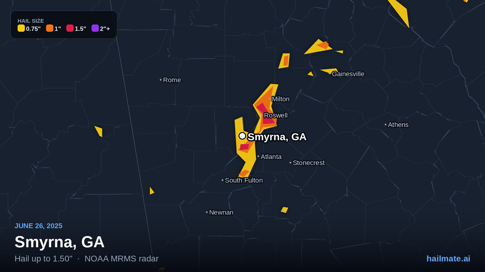 Hail swath map for Smyrna, GA on June 26, 2025 showing 1.50 inch hail.