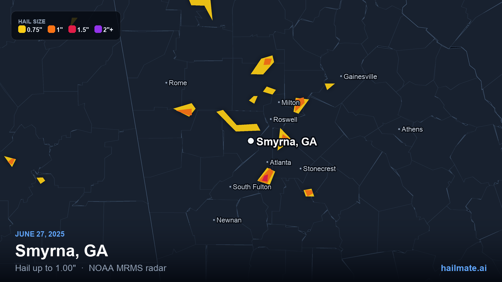 Hail swath map for Smyrna, GA on June 27, 2025 showing 1.00 inch hail.