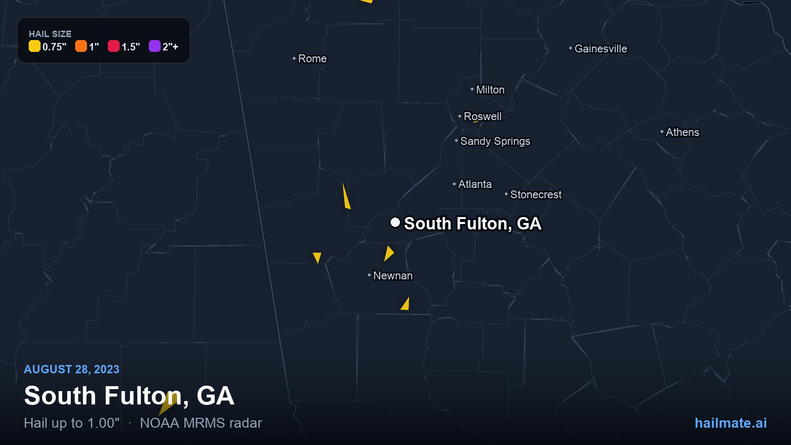 Hail swath map for South Fulton, GA on August 28, 2023 showing 1.00 inch hail.