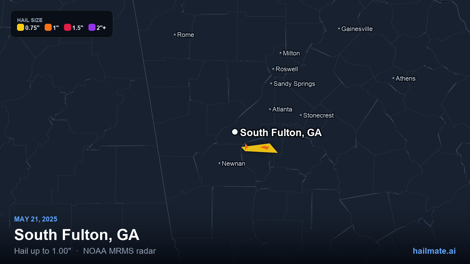 Hail swath map for South Fulton, GA on May 21, 2025 showing 1.00 inch hail.