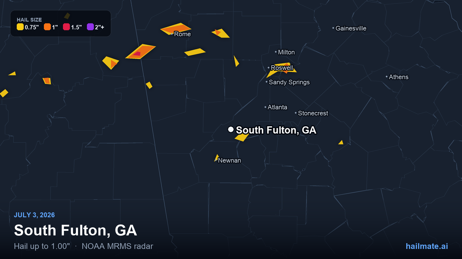 Hail swath map for South Fulton, GA on July 3, 2026 showing 1.00 inch hail.