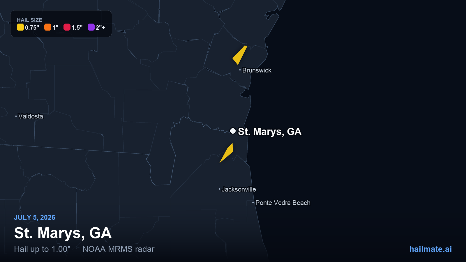 Hail swath map for St. Marys, GA on July 5, 2026 showing 1.00 inch hail.