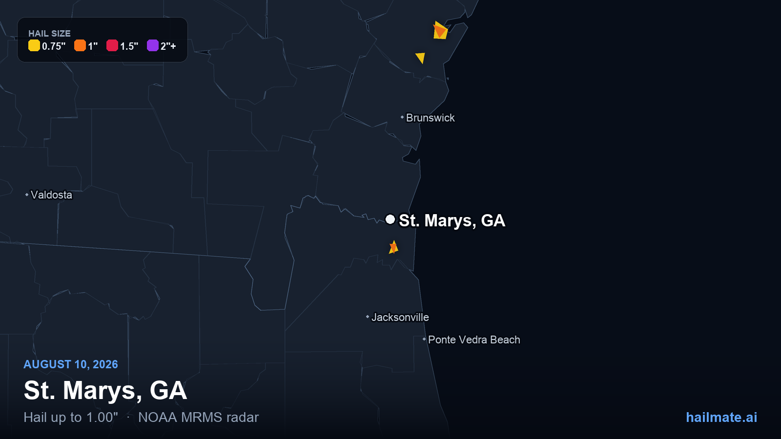 Hail swath map for St. Marys, GA on August 10, 2026 showing 1.00 inch hail.