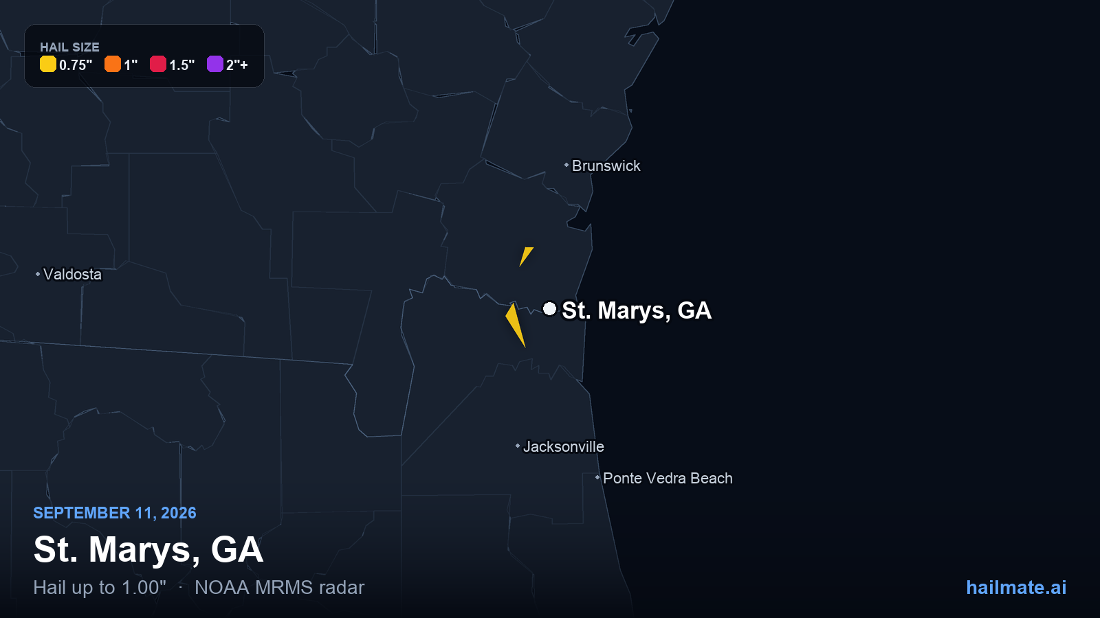 Hail swath map for St. Marys, GA on September 11, 2026 showing 1.00 inch hail.