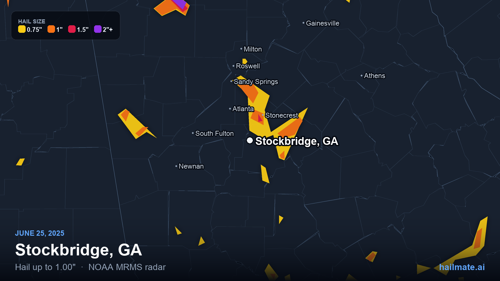 Hail swath map for Stockbridge, GA on June 25, 2025 showing 1.00 inch hail.