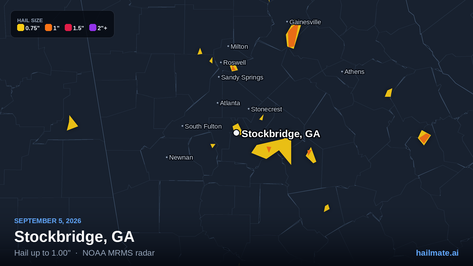 Hail swath map for Stockbridge, GA on September 5, 2026 showing 1.00 inch hail.