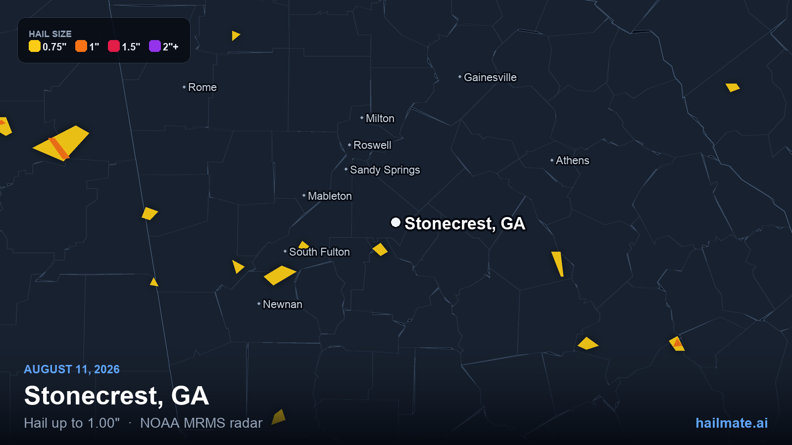 Hail swath map for Stonecrest, GA on August 11, 2026 showing 1.00 inch hail.