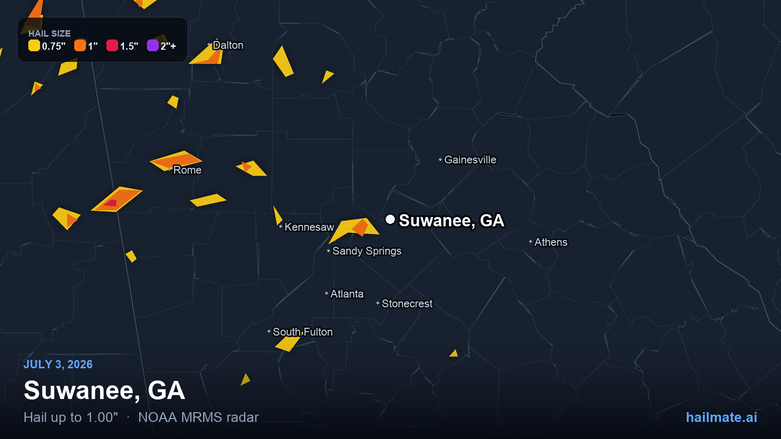 Hail swath map for Suwanee, GA on July 3, 2026 showing 1.00 inch hail.