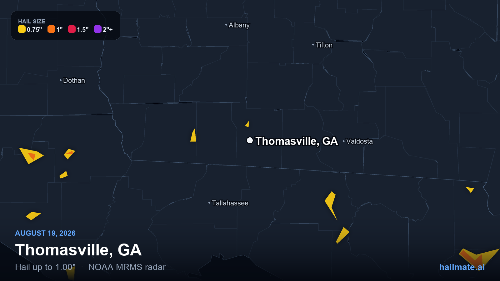 Hail swath map for Thomasville, GA on August 19, 2026 showing 1.00 inch hail.