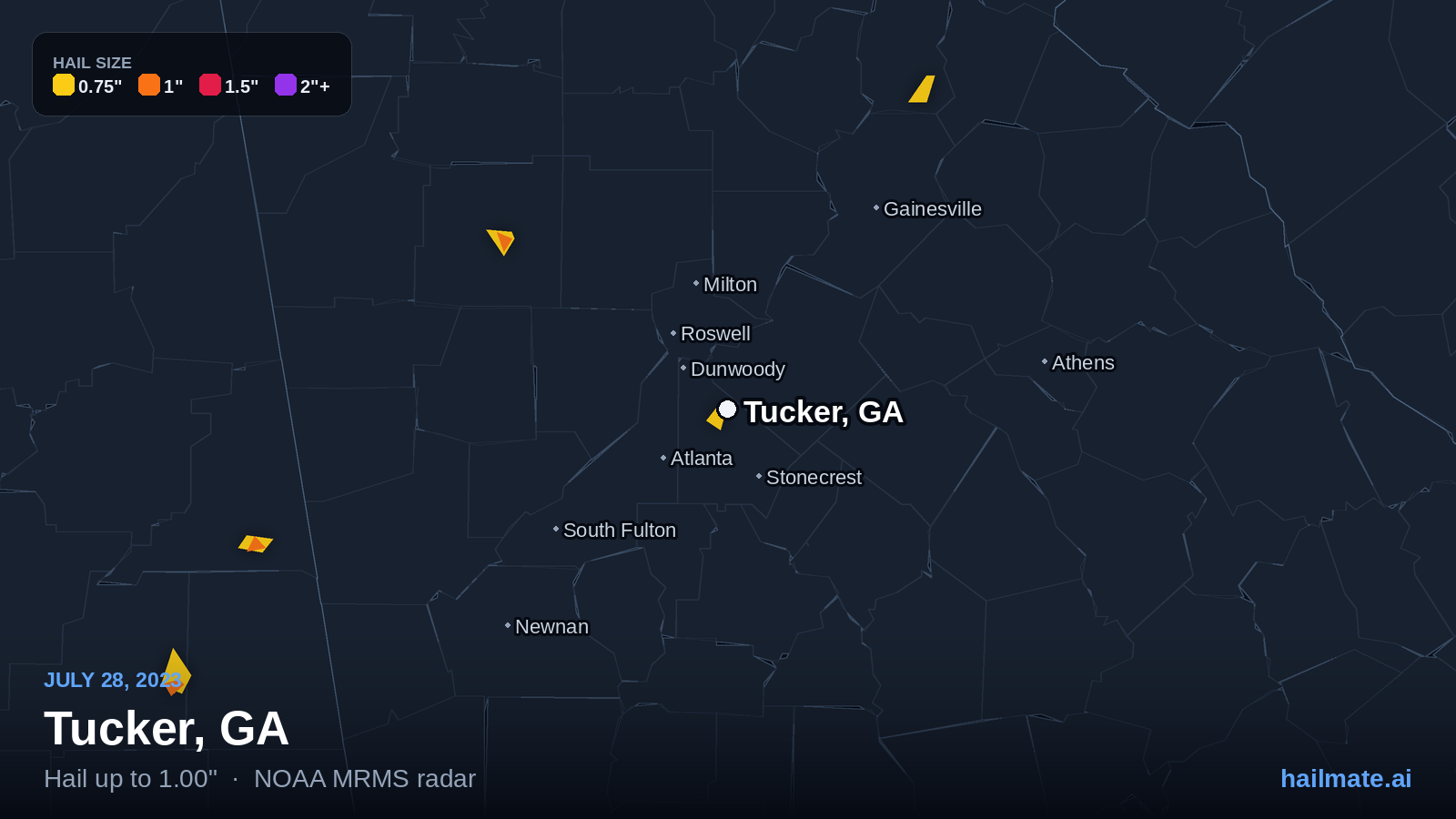 Hail swath map for Tucker, GA on July 28, 2023 showing 1.00 inch hail.