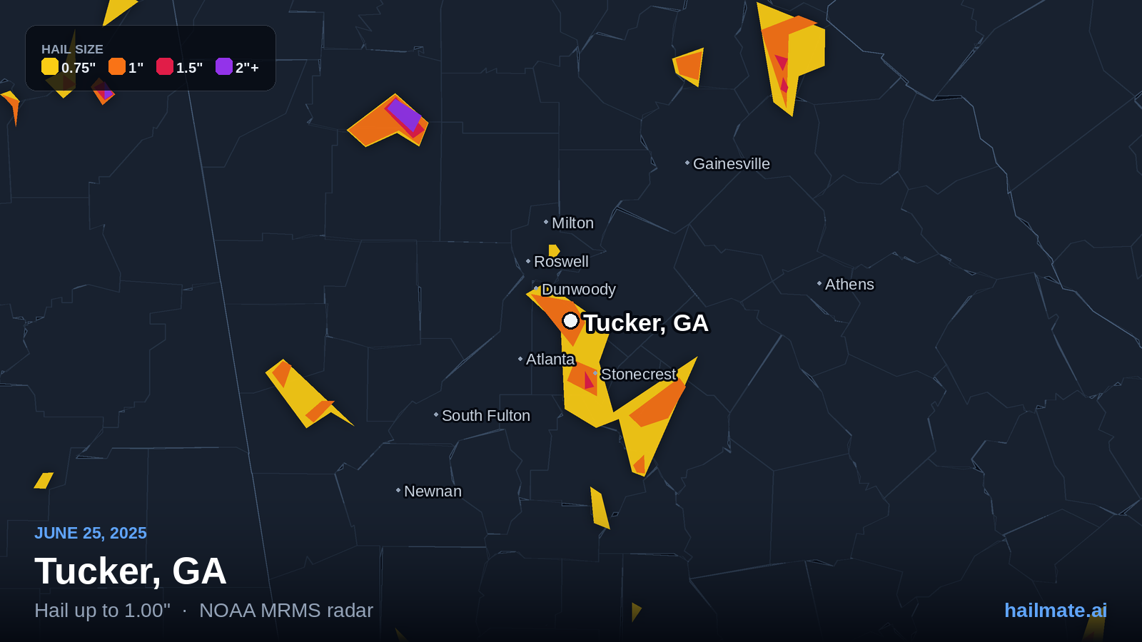 Hail swath map for Tucker, GA on June 25, 2025 showing 1.00 inch hail.
