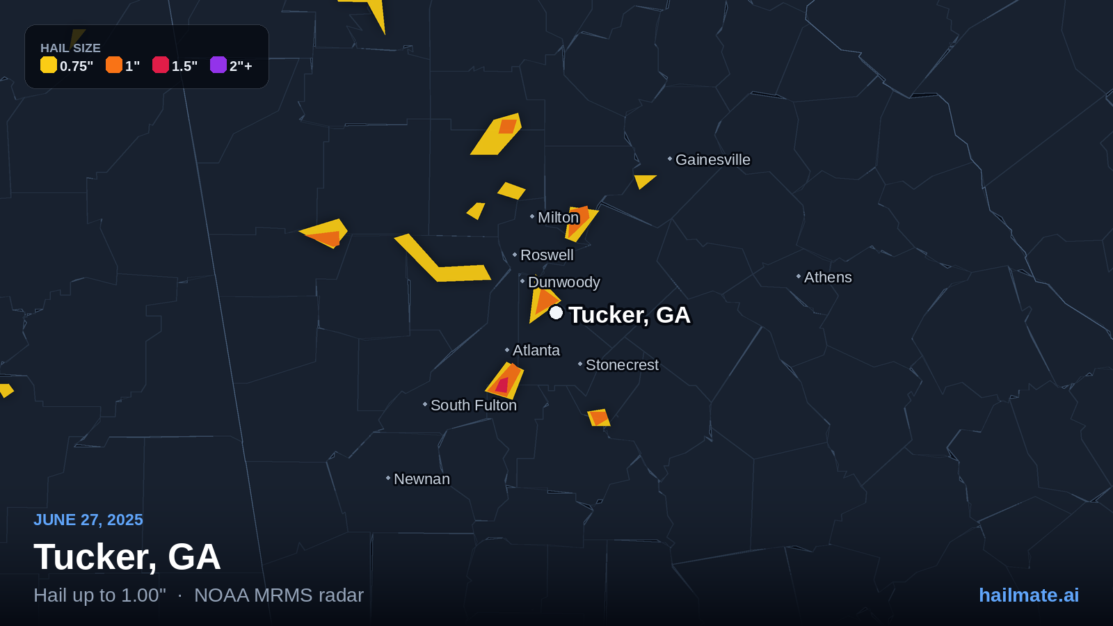 Hail swath map for Tucker, GA on June 27, 2025 showing 1.00 inch hail.