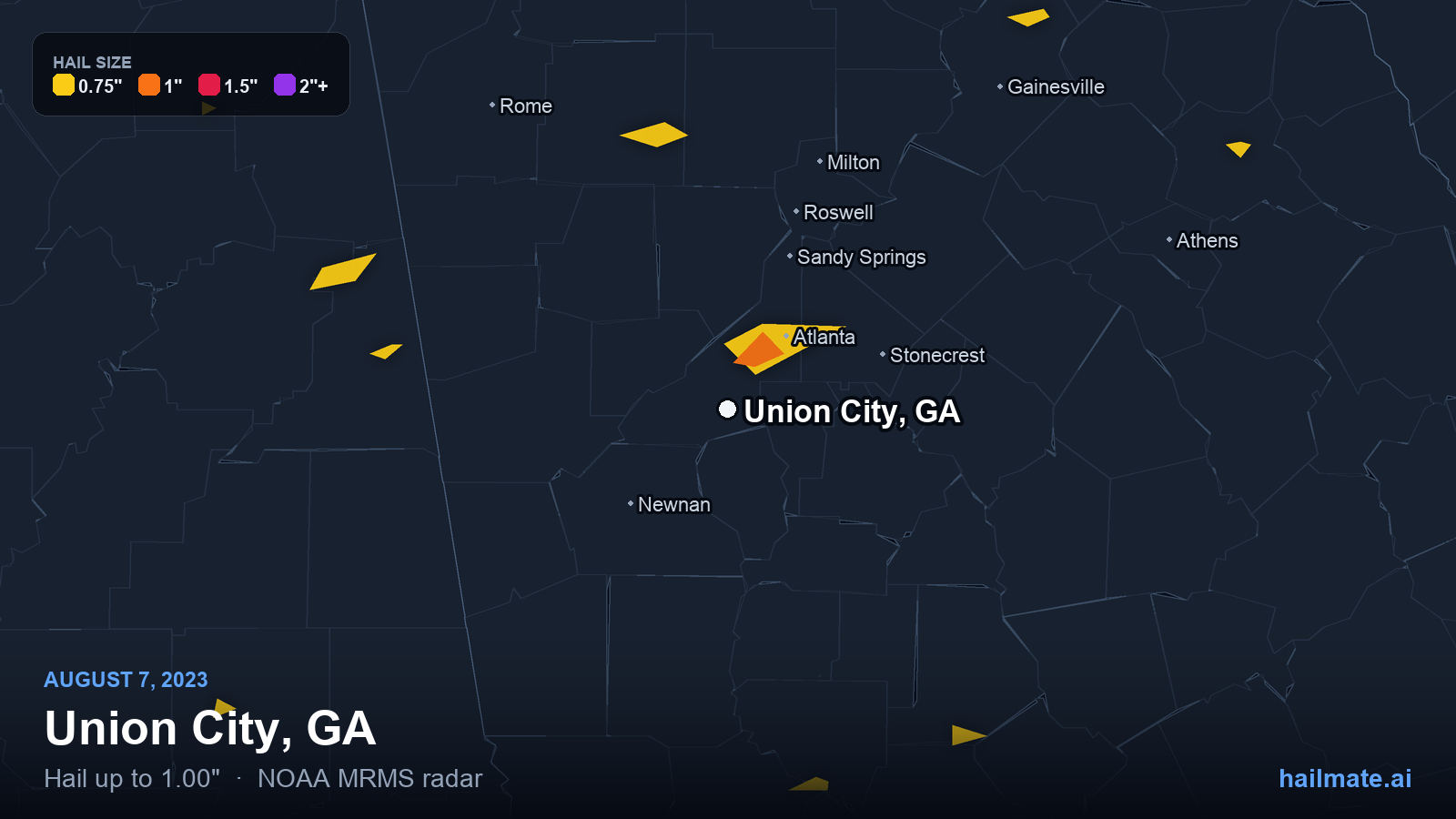 Hail swath map for Union City, GA on August 7, 2023 showing 1.00 inch hail.